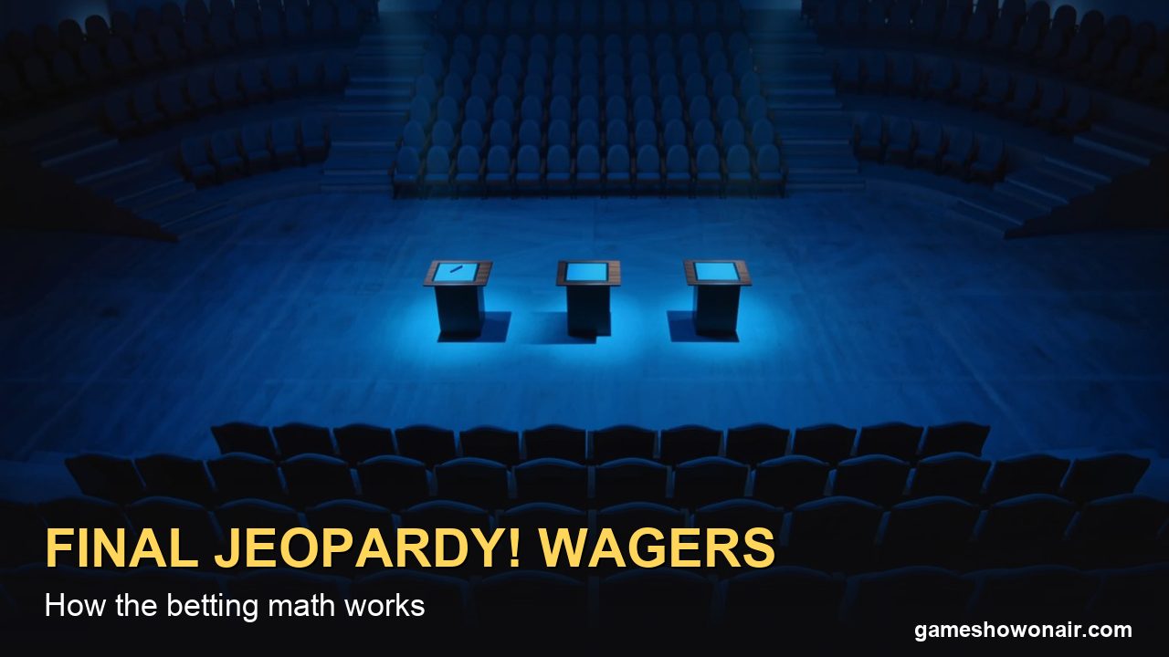 Empty quiz show stage with three lit contestant podiums under deep blue light