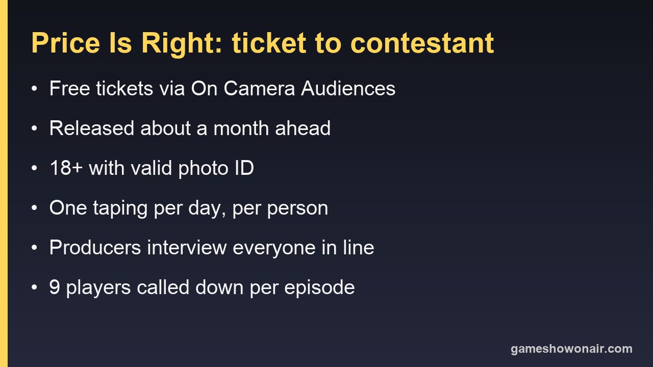 Card summing up The Price Is Right audience route: free tickets, 18 plus with photo ID, one taping per day, interviews, nine players per show
