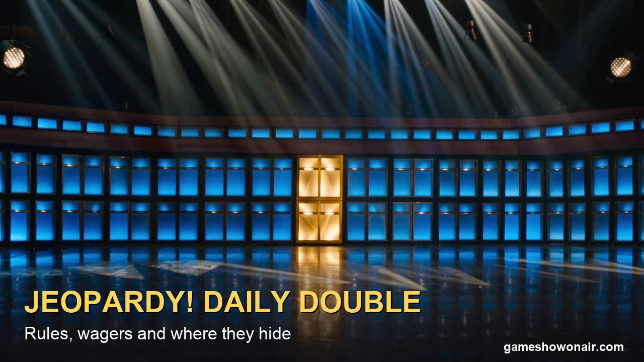 Empty quiz show stage with a wall of blue panels and a single panel lit gold