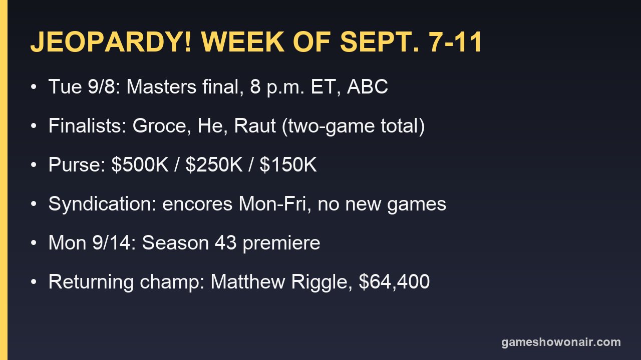 Card listing the Jeopardy! week of Sept. 7 to 11, 2026: Masters final Tuesday on ABC, encores in syndication, Season 43 premiere Sept. 14