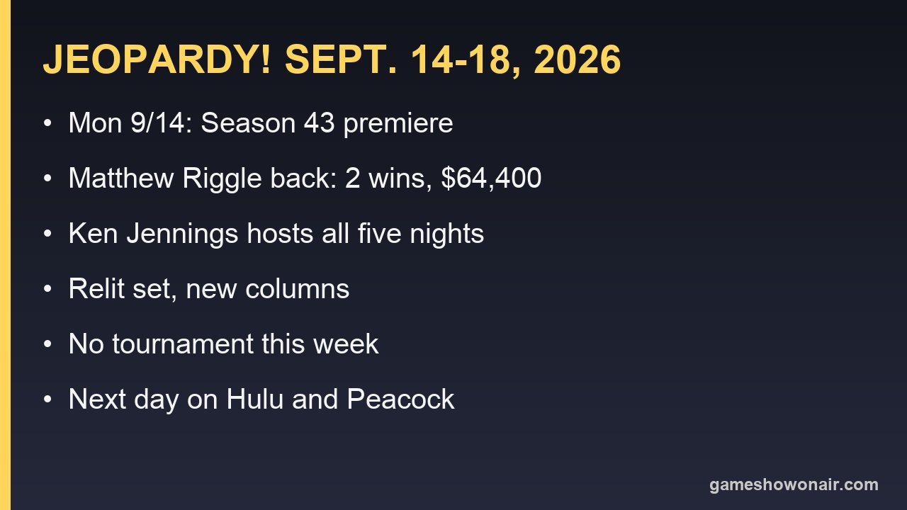 Card listing the Jeopardy! week of Sept. 14 to 18, 2026: Season 43 premiere Monday, Matthew Riggle returning, Ken Jennings hosting, relit set, no tournament, streaming next day