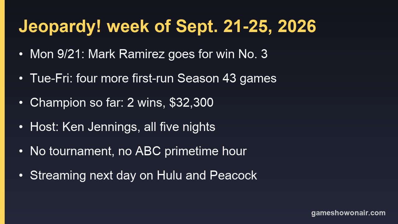 Card listing the Jeopardy! week of Sept. 21 to 25, 2026: Mark Ramirez going for win three, five first-run games, Ken Jennings hosting, no tournament, next-day streaming