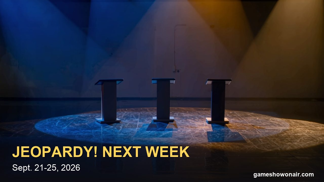 Three empty contestant lecterns on a darkened quiz show stage lit in blue and amber