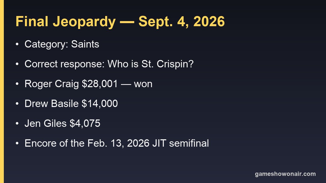 Card listing the Final Jeopardy category, correct response and the three final scores