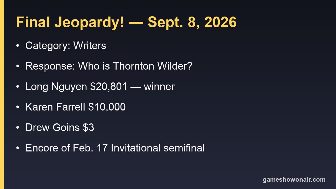 Card summarising the September 8 2026 Final Jeopardy category, response and final scores