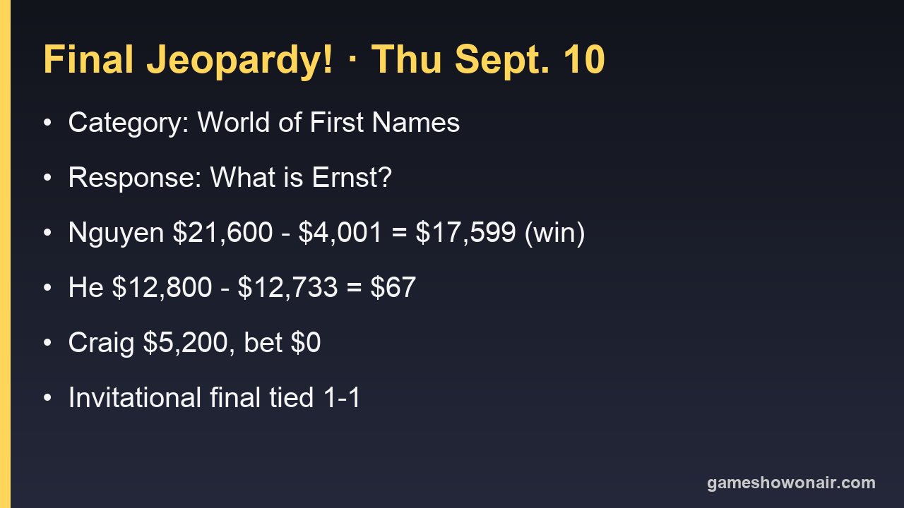 Card summarising the September 10 2026 Final Jeopardy category, response, wagers and scores