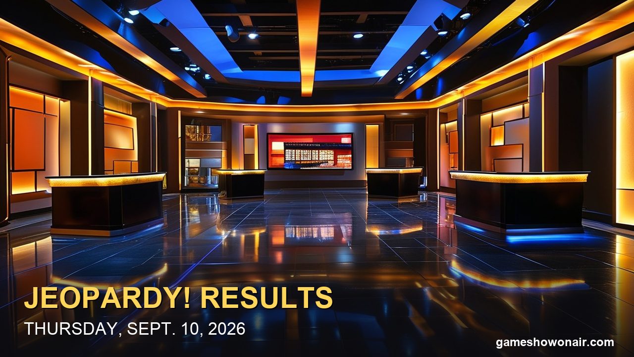 Empty quiz show studio with three dark contestant podiums under blue and gold light