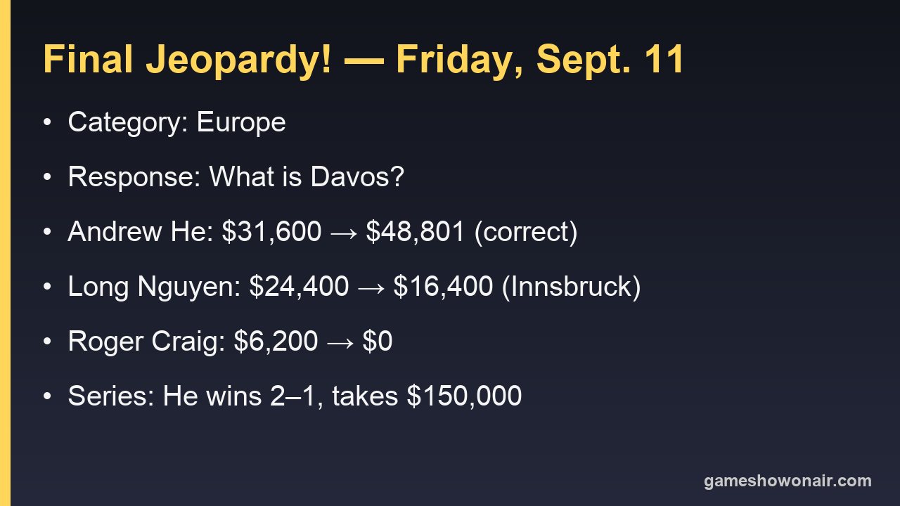 Card with the September 11 2026 Final Jeopardy category, response, scores and series result