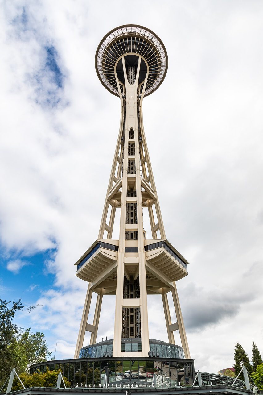 The Space Needle in Seattle against a blue sky