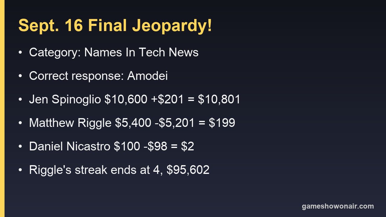 Card listing the September 16 2026 Final Jeopardy category, the response Amodei, and all three wagers and final scores