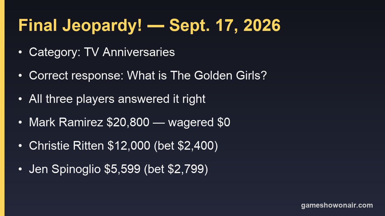 Card listing the Sept. 17 2026 Final Jeopardy category, the correct response, and all three wagers and final scores