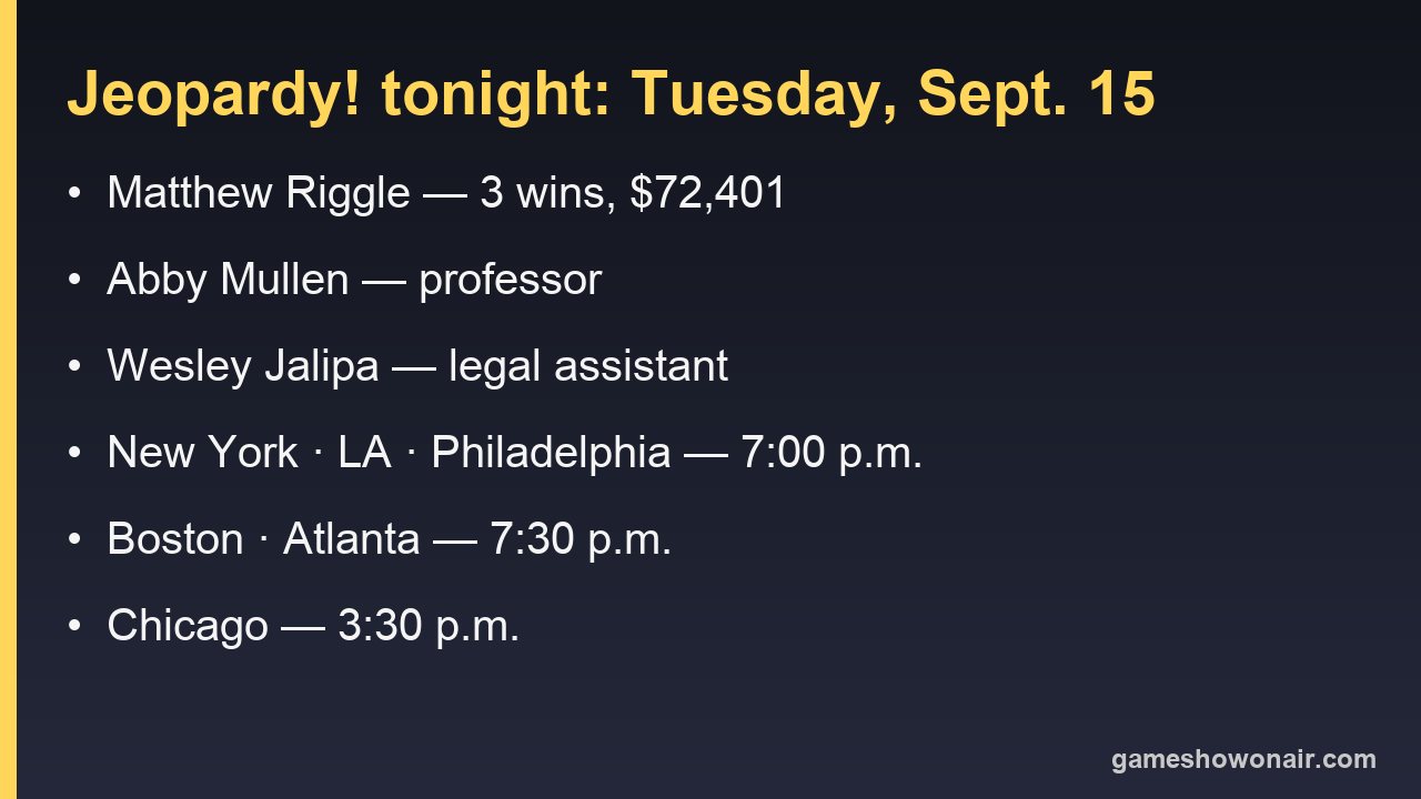 Card listing tonight's Jeopardy! players Matthew Riggle, Abby Mullen and Wesley Jalipa, plus air times in New York, Los Angeles, Philadelphia, Boston, Atlanta and Chicago