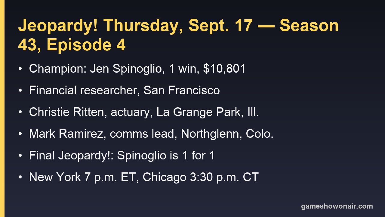 Card listing the September 17 2026 Jeopardy contestants, the champion's winnings and air times in New York and Chicago