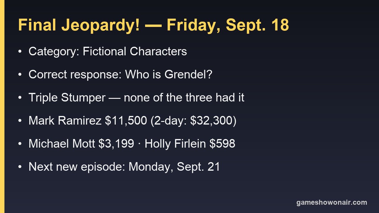 Card showing the Sept. 18 Final Jeopardy category, the correct response Grendel, and the three final scores