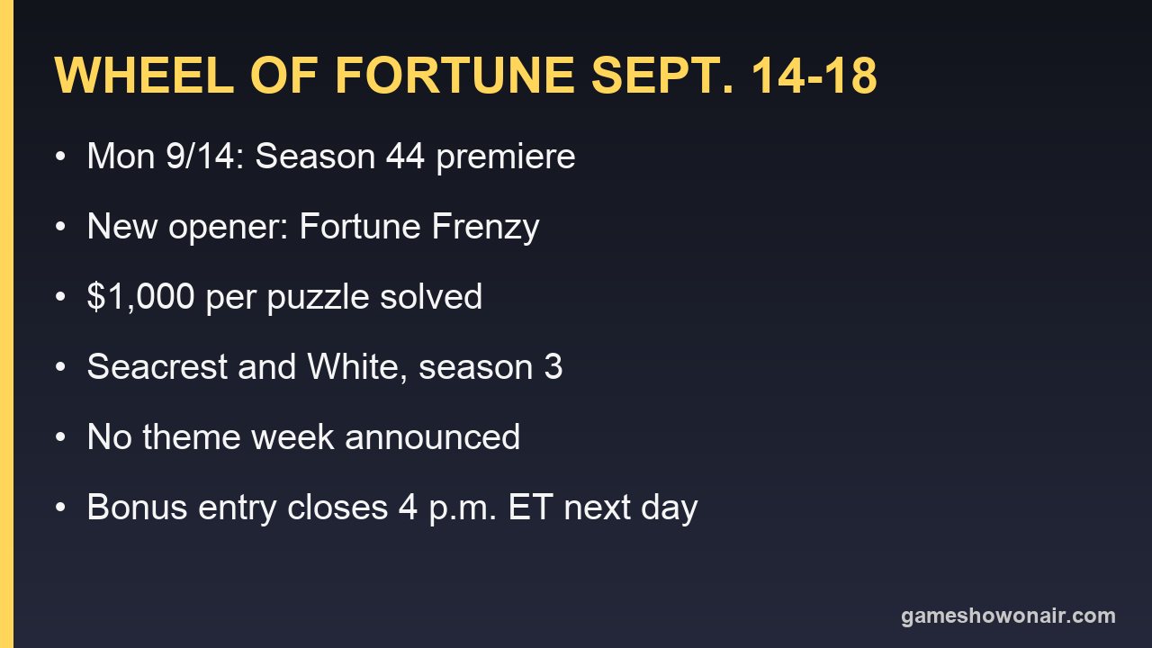 Card listing the Wheel of Fortune week of Sept. 14 to 18, 2026: Season 44 premiere Monday, new Fortune Frenzy opener, $1,000 per puzzle, Seacrest and White, no theme week, bonus entry deadline