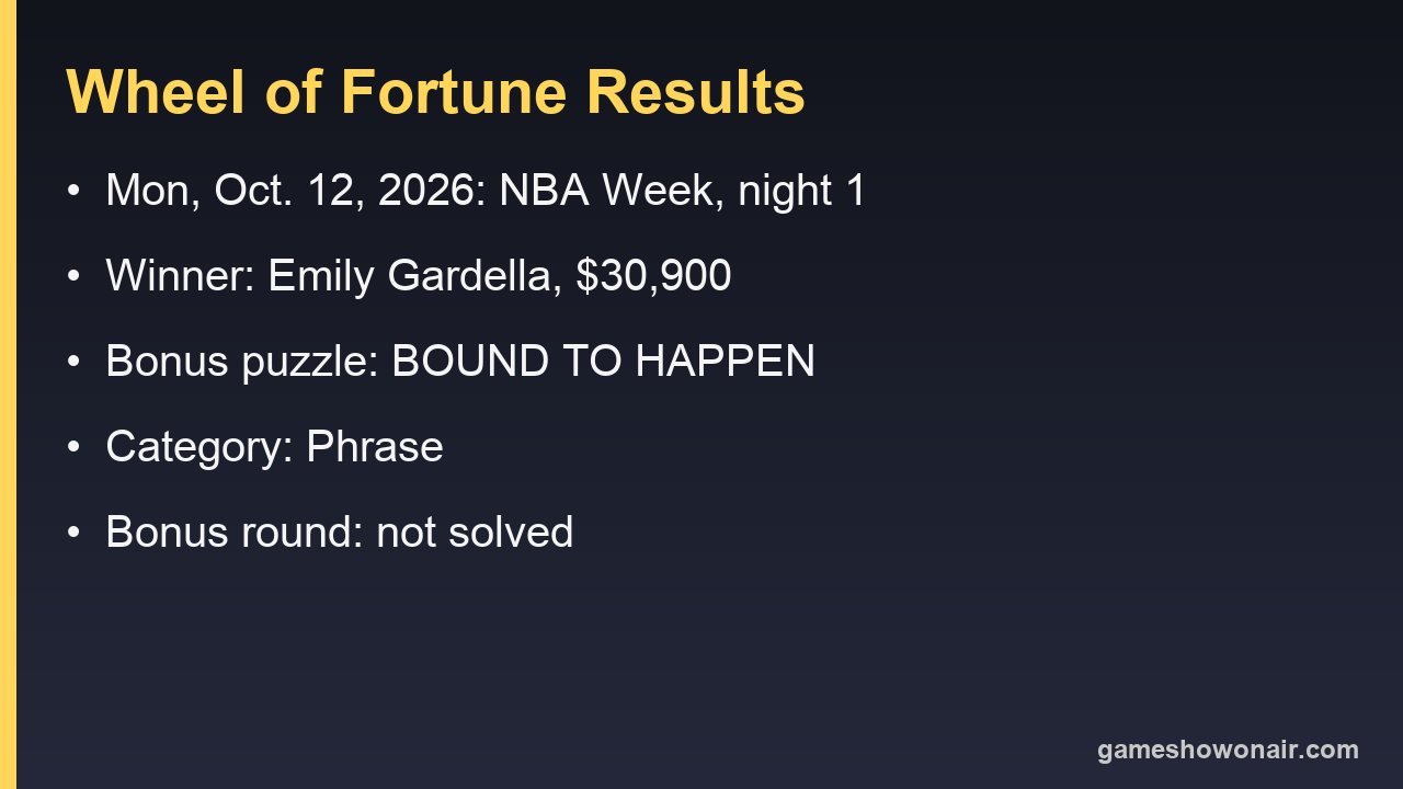 Card listing the October 12, 2026 Wheel of Fortune result: winner Emily Gardella with 30,900 dollars, bonus puzzle BOUND TO HAPPEN in the category Phrase, not solved
