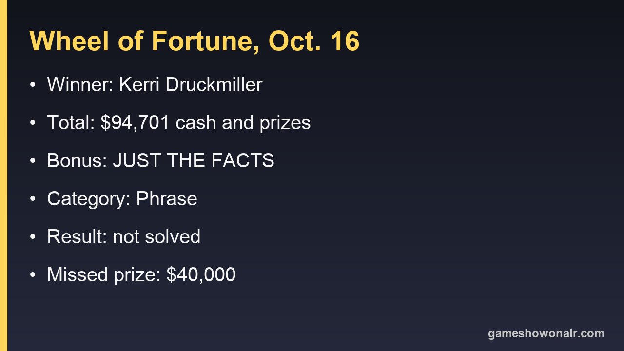 Wheel of Fortune Results, Oct. 16, 2026: Kerri Druckmiller Wins, Misses JUST THE FACTS