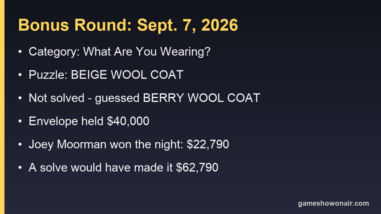 Card summarising the September 7 2026 Wheel of Fortune bonus round, puzzle, prize and winner
