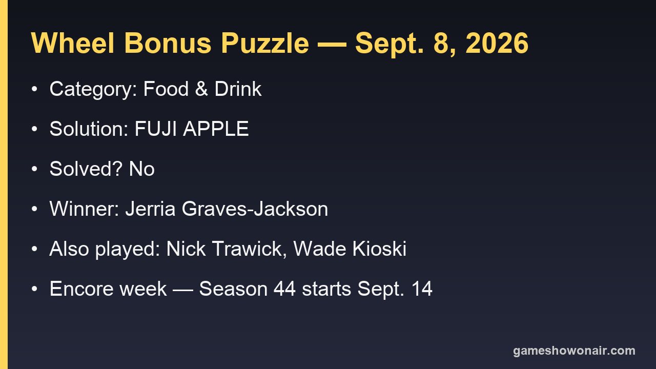 Card summarising the September 8 2026 Wheel of Fortune bonus puzzle and winner