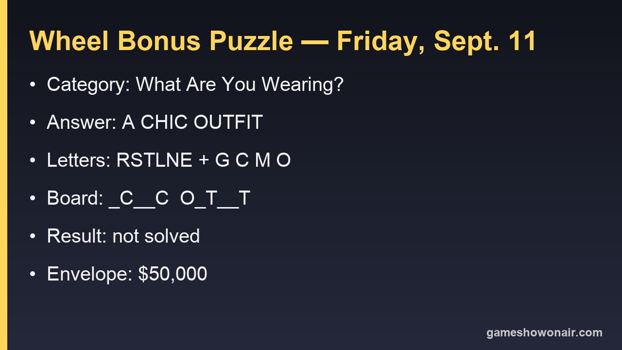 Card summarising the September 11 2026 Wheel of Fortune bonus puzzle, letters, board and prize