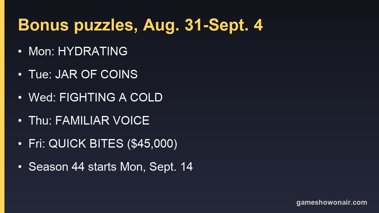 Card listing the five bonus puzzle answers for the week of Aug. 31, 2026