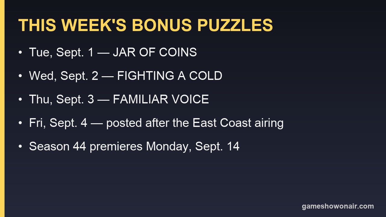 Wheel of Fortune bonus puzzle answers for the week of Aug. 31, 2026