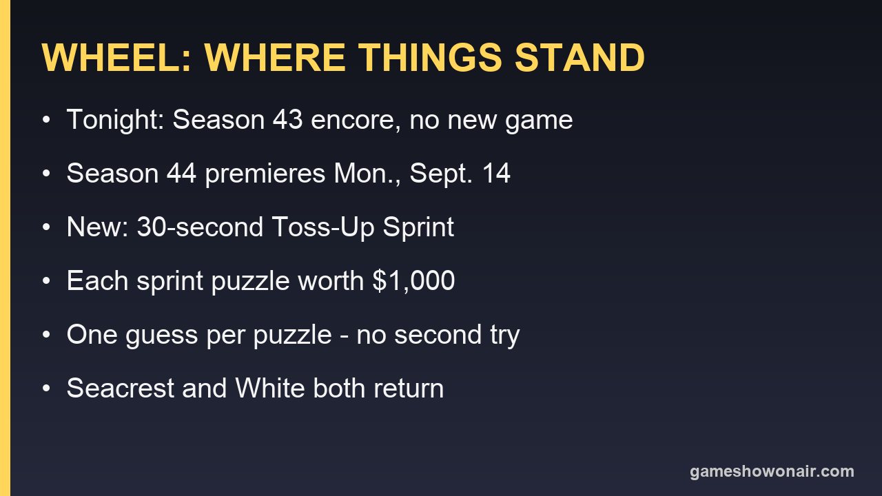 Wheel of Fortune status card: encore tonight, Season 44 premiere date, Toss-Up Sprint rules