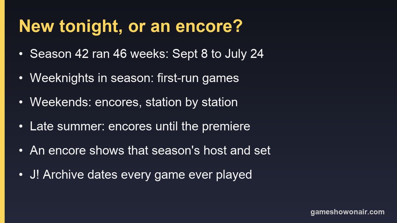 Card listing how to tell a new Jeopardy episode from an encore: 46-week season, weeknight first-run games, weekend encores, summer repeats